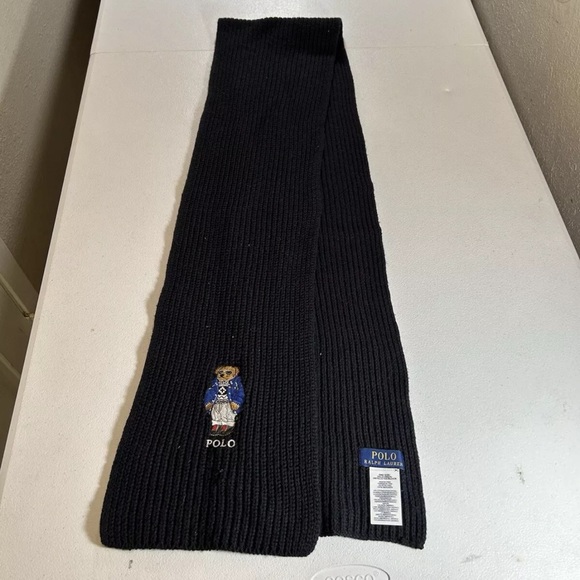 New Polo Ralph Lauren Knit Scarf Black Bear Muffler Wool Blend 9 X 72 Mens - Picture 6 of 8